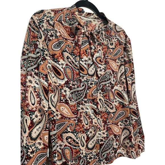 Vintage 70s Queens Casuals Earthtone Paisley Abstract Secretary Disco Pussybow - Picture 3 of 6